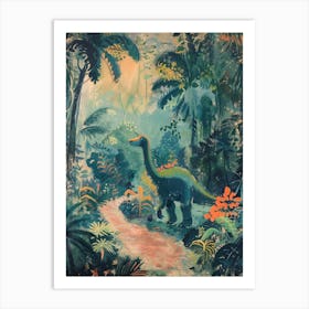 Storybook Teal Dinosaur In The Jungle Art Print