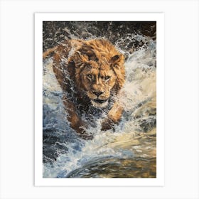 African Lion Crossing A River Acrylic Painting 3 Art Print