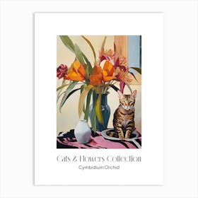 Cats & Flowers Collection Cymbidium Orchid Flower Vase And A Cat, A Painting In The Style Of Matisse 1 Art Print