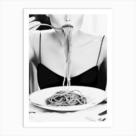 Black And White Woman Eating Spaghetti Art Print