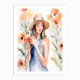 Watercolor Girl With Flowers Art Print