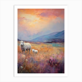 Sheep & Lamb At Sunset Impressionism Painting Style 1 Art Print