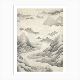 Chugoku Mountains In Multiple Prefectures, Ukiyo E Black And White Line Art Drawing 1 Art Print