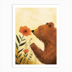 Brown Bear Sniffing A Flower Storybook Illustration 4 Art Print