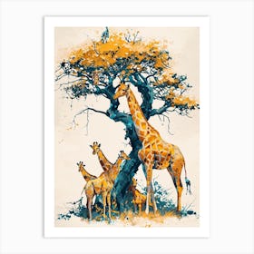 Giraffe Herd Under The Tree Watercolour 6 Art Print