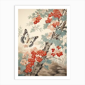 Butterfly With Cranberries Japanese Style Painting 1 Art Print