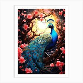 Peacock In Cherry Blossoms Art Print