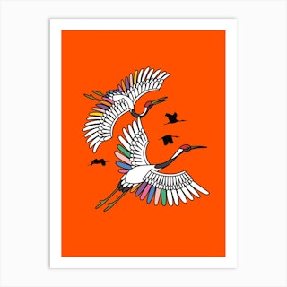 Colourful Rainbow Cranes Birds With Red Background Art Print