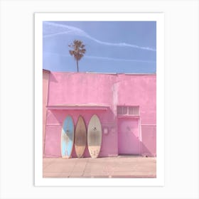 Surfboards In Front Of A Pink Building Art Print