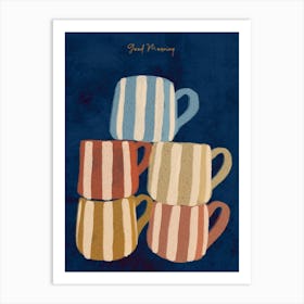 Colorful naive drawing, cups of coffee dark blue Good morning Art Print