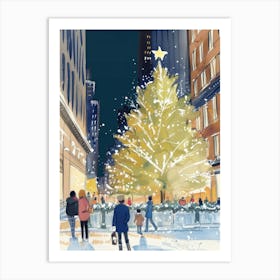 Big Christmas Tree In New York City. Retro Watercolor Art Print