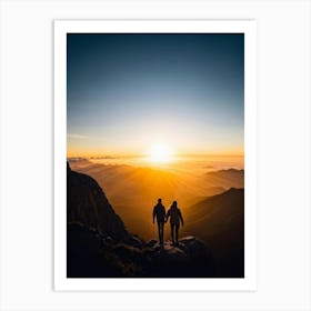 Couple Walking On Top Of Mountain At Sunset Art Print