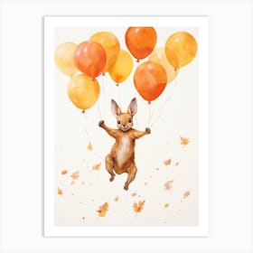 Kangaroo Flying With Autumn Fall Pumpkins And Balloons Watercolour Nursery 1 Art Print