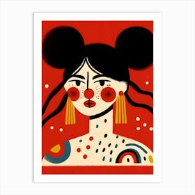 Girl With Polka Dots, Hair Buns, Red Cheeks Portrait Art Print