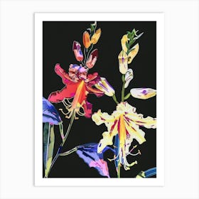 Neon Flowers On Black Delphinium 1 Art Print