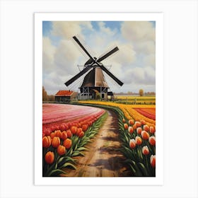 Colorful Tulips Flowers and Windmill Landscape Art Print