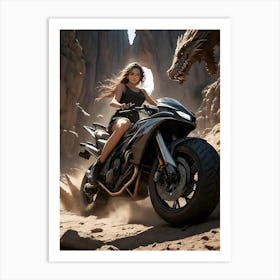 Sexy Girl with big motorcycle chased by dragons Art Print