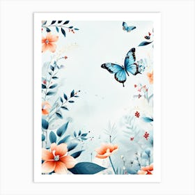 Butterfly And Flowers Wallpaper, A Butterfly Toned Design With Flowers And Leaves Trees And Birds A Beautiful And Simple Picture 1 Art Print