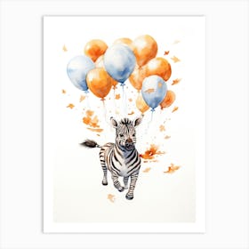 Zebra Flying With Autumn Fall Pumpkins And Balloons Watercolour Nursery 3 Art Print
