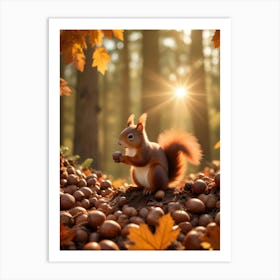 Red Squirrel In An Autumn Forest With Acorns And Sunlight Art Print