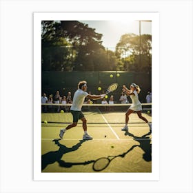 An Energetic Tennis Match In Progress At An Outdoor Courts Players Lobbing Yellow Tennis Balls With (6) Art Print