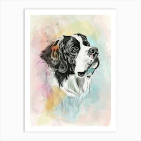 St Bernard Dog Pastel Line Watercolour Illustration  3 Art Print