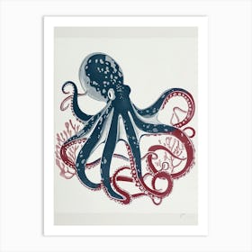 Octopus Red & Blue Silk Screen Inspired 2 Art Print