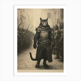 A Cat In Armour With Solidiers In The Background Art Print