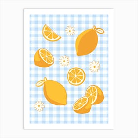 Lemons on Pastel Baby Blue Gingham Art Print