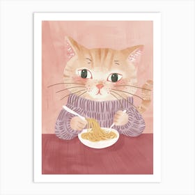 Tan Cat Pasta Lover Folk Illustration 1 Art Print