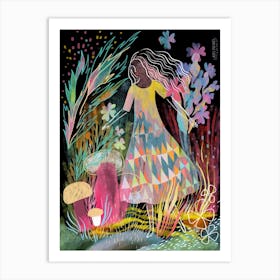 Lady In Magic Mushrooms Forest Art Print