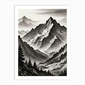 Monochrome Mountain Landscape Art Print (2) Art Print