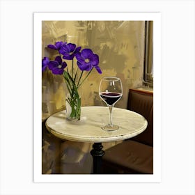 Glass Of Wine And Purple Flowers Art Print