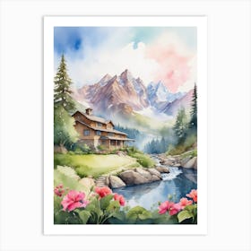 Watercolor Of A Mountain House Art Print