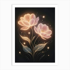 Lotus Flowers On Black Background Art Print