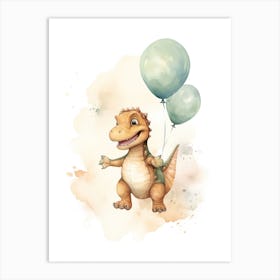 Baby Dinosaur (T Rex) Flying With Ballons, Watercolour Nursery Art 1 Art Print