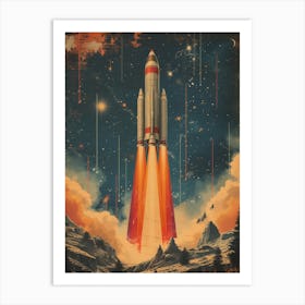 Space Odyssey: Retro Poster featuring Asteroids, Rockets, and Astronauts: Space Rocket Launch Art Print