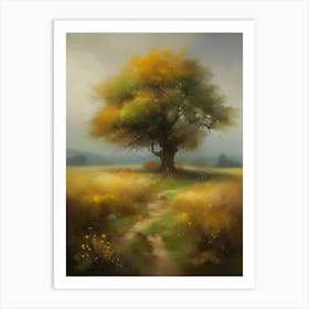 Oak tree, fine work of art, misty atmosphere, green meadow..12 Art Print