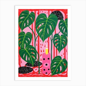 Pink And Red Plant Illustration Swiss Cheese Plant 1 Art Print