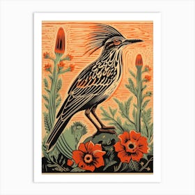 Vintage Bird Linocut Roadrunner 3 Art Print