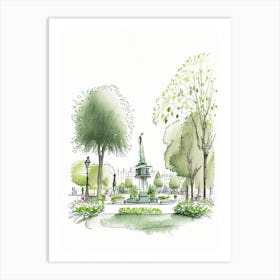 Luxembourg Gardens, France Vintage Pencil Drawing Art Print