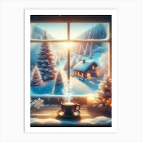 Christmas Scene With Cup Of Coffee Art Print