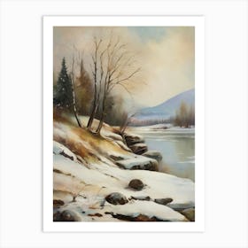 Ancient landscapes, old winter oil paintings and rocks around the lake bank. Snow is falling on the lake, old colors.16 Art Print