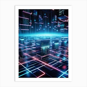 Futuristic Geometric Cyber Network Interlocking With A Retro Aesthetic Neon Grid Lines Against A Ma Póster