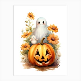 Cute Ghost With Pumpkins Halloween Watercolour 78 Art Print