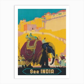 India Vintage Travel Poster, Elephant Art Art Print