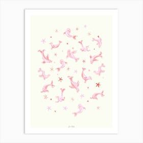 Pink Playful Seals Starfish and Snowflakes Art Print