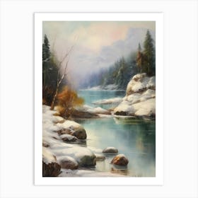 Ancient landscapes, old winter oil paintings and rocks around the lake bank. Snow is falling on the lake, old colors.4 1 Art Print