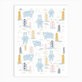 Happy Blue Bears In A Snowy Forest Kids Art Print