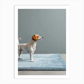 Small Dog Standing On A Blue Rug. Generated AI. Art Print Art Print